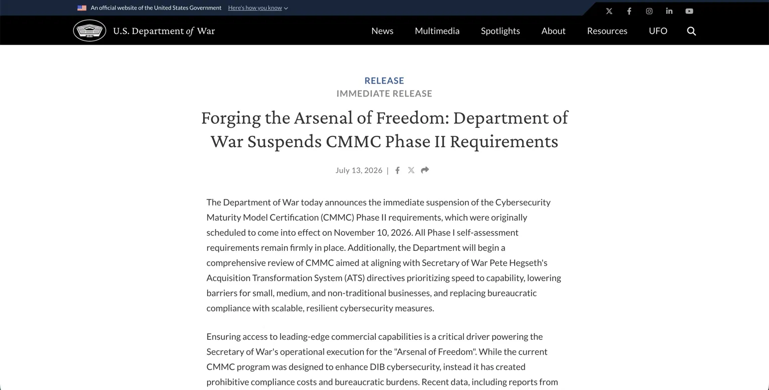 Department of War press release announcing the suspension of CMMC Phase II requirements